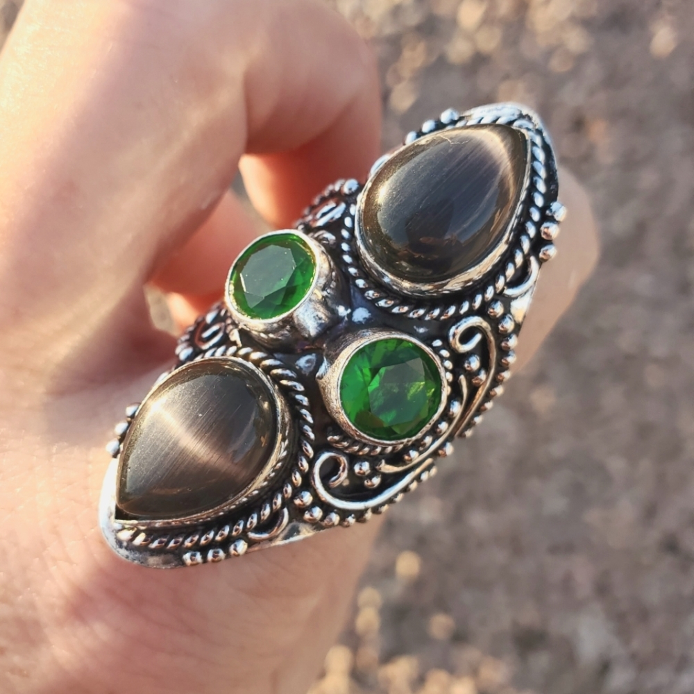 New Cat Eye & Peridot Silver Statement Ring.